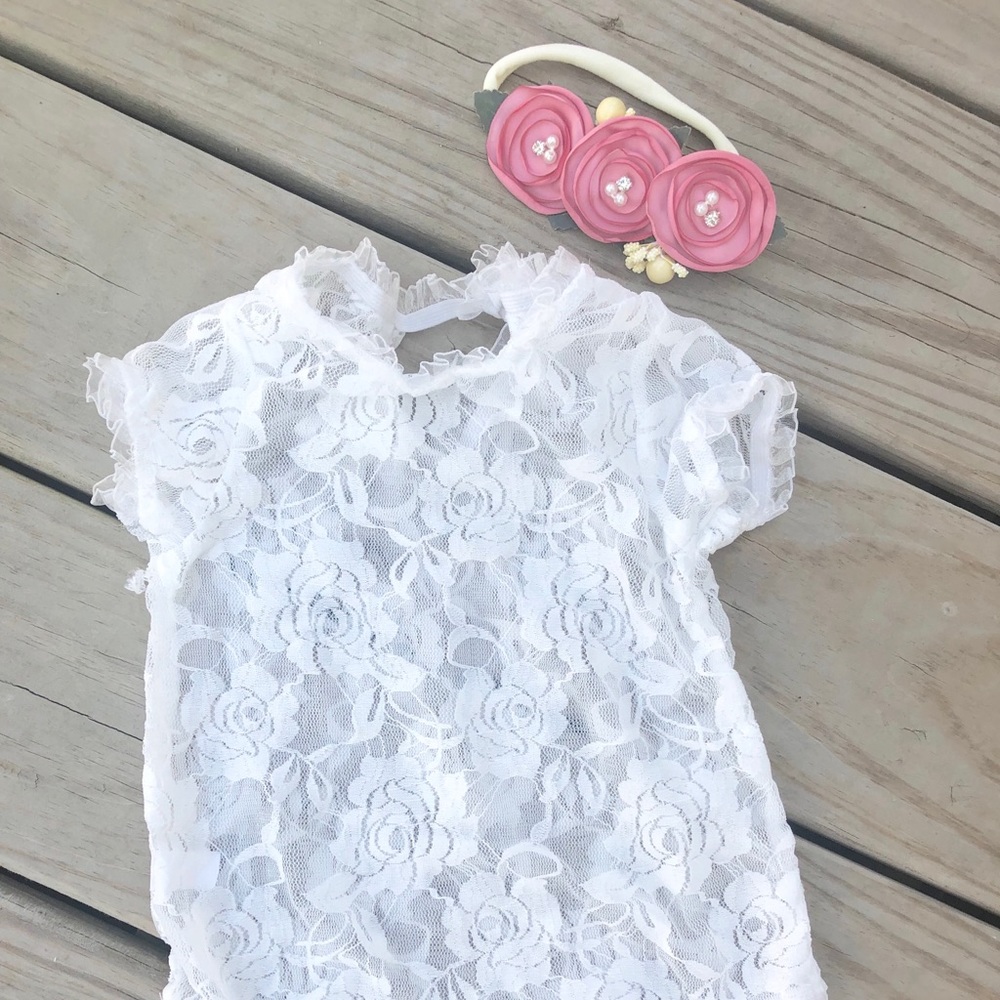 Newborn White Lace Bodysuit Leotard w/ headband